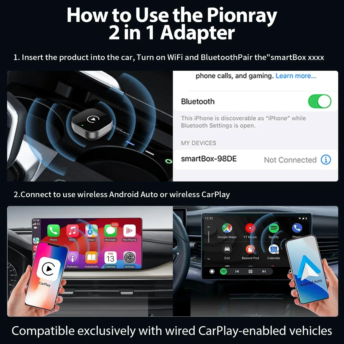 Adaptador CarPlay Android Auto Inalámbrico para el 99% de los Coches con CarPlay por Cable