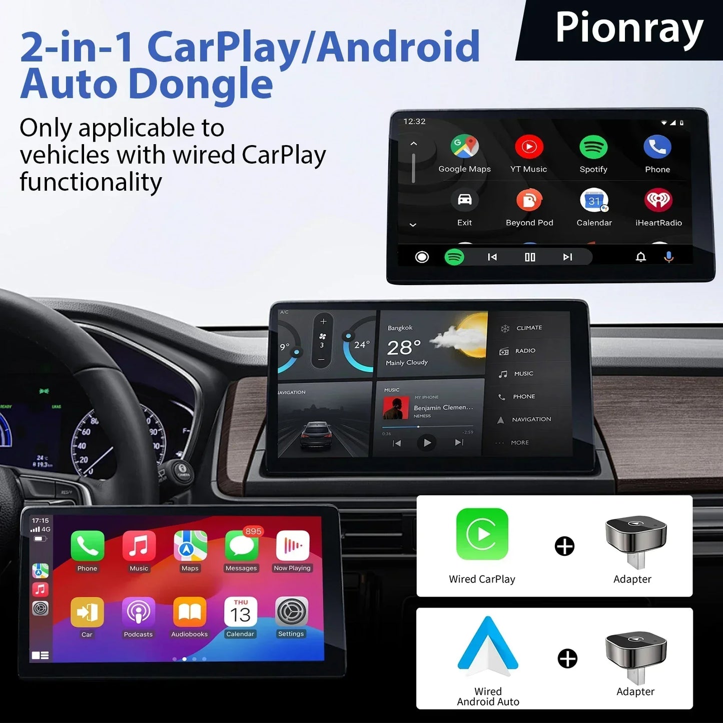 Adaptador CarPlay Android Auto Inalámbrico para el 99% de los Coches con CarPlay por Cable